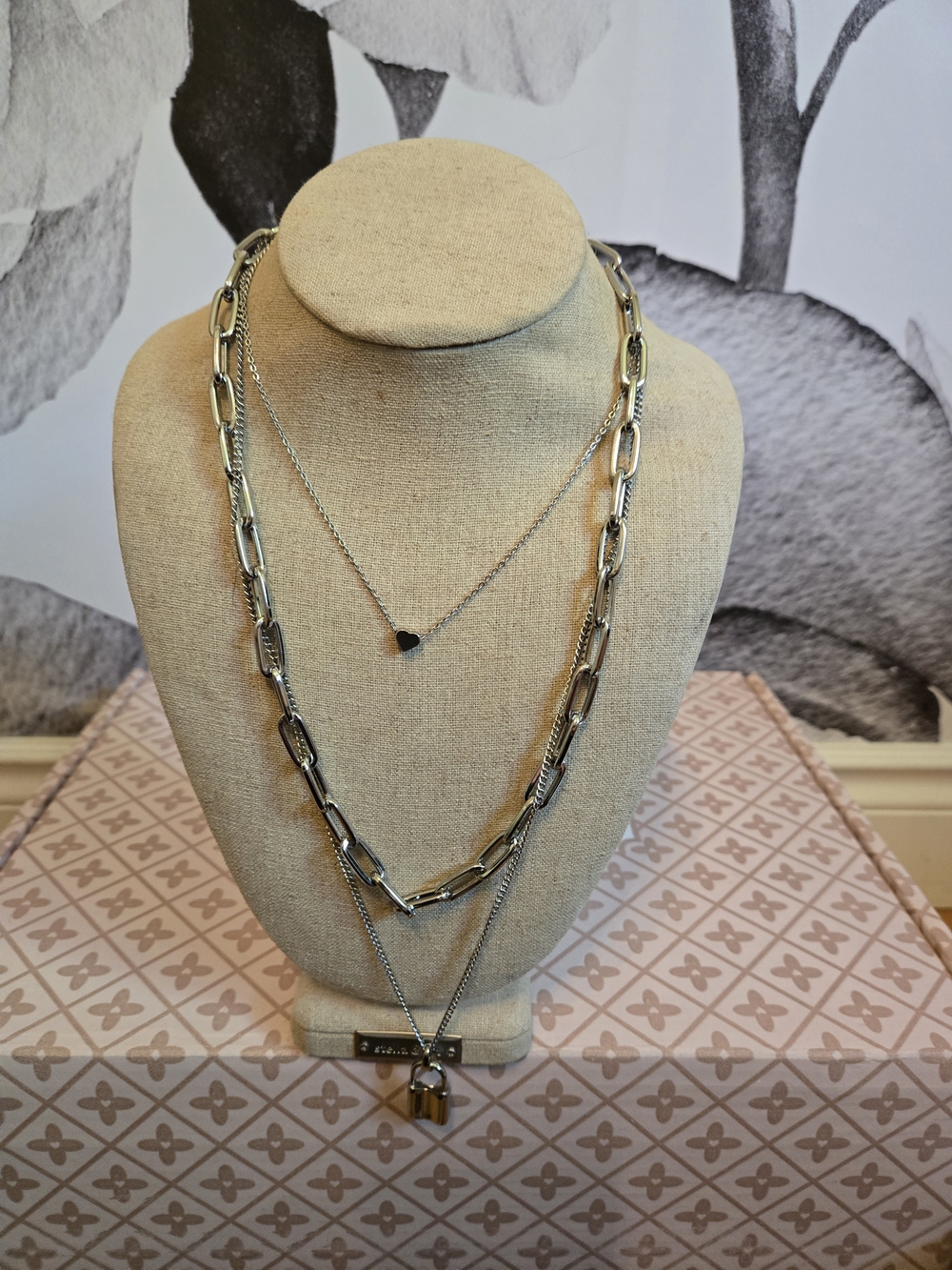 Jewelry Lot 3 Neckaces  Silver-Tone Necklace Set with Heart and Lock Charms